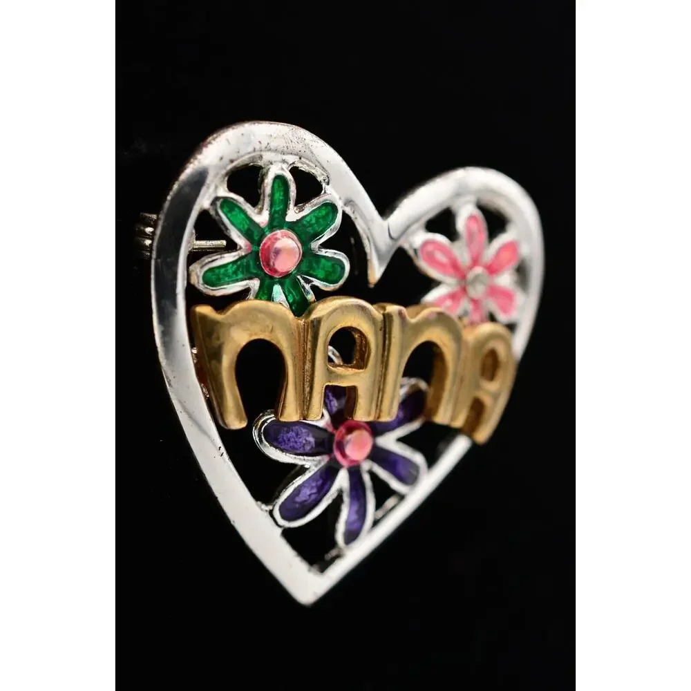 TC Vintage NANA Pin Brooch Floral Heart Grandma Grandmother Enamel Signed BinBA